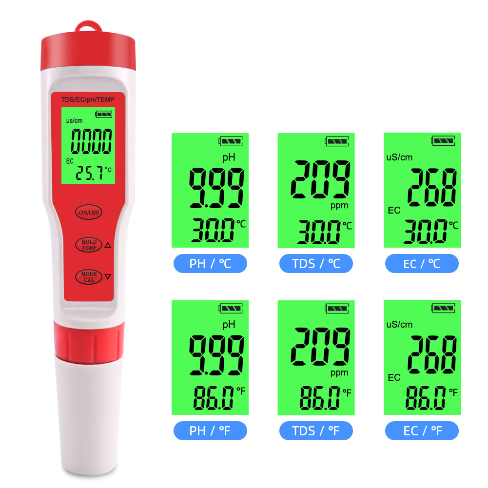 4-in-1 Multifunctional PH/EC/TDS/Temp Meter Portable Water Quality Digital Backlit Tester Pen (without Battery) 4-in-1 Multifunctional PH/EC/TDS/Temp Meter Portable Water Quality Digital Backlit Tester Pen (without Battery)